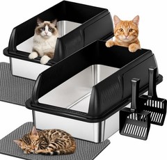 2 Pack XL Stainless Steel Cat Litter Box Big & Senior Cats Multi-Cat Metal