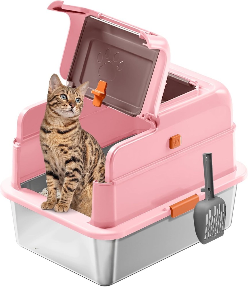 Stainless Steel Cat Litter Box with Lid Covered Enclosed Kitty Litter Box Flip