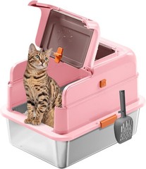Stainless Steel Cat Litter Box with Lid Covered Enclosed Kitty Litter Box Flip
