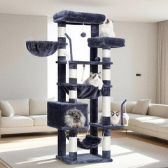 63″ Cat Tree Tower Large Cats Condo Baskets Platforms Scratching Post Gray