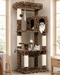53″ Leopard Cat Tree Tower with Hammock Condo Cave Scratching Posts