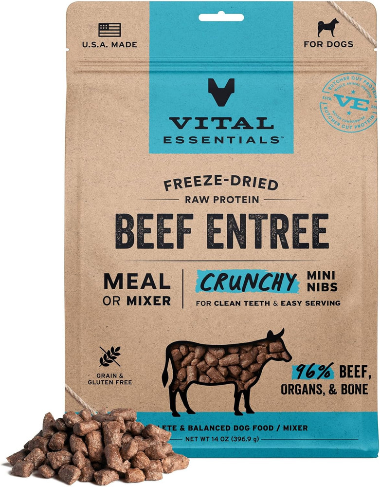 Freeze Dried Dog Food, Raw Beef Crunchy Mini Nibs | Complete Meal or Topper | 96