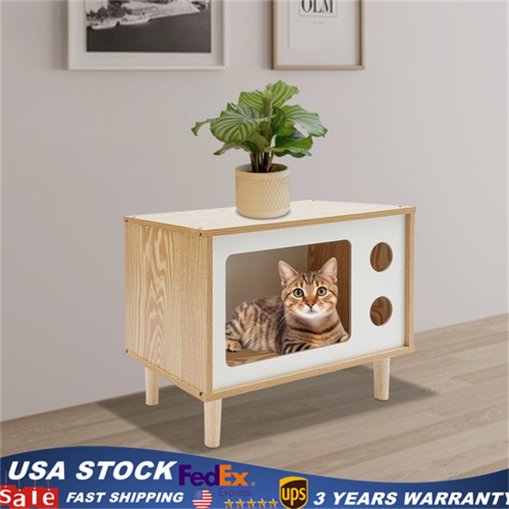 50*29*40cm Wood Cat House TV Shaped Cat Cabinet Nightstand Cat Shelter Load 75kg