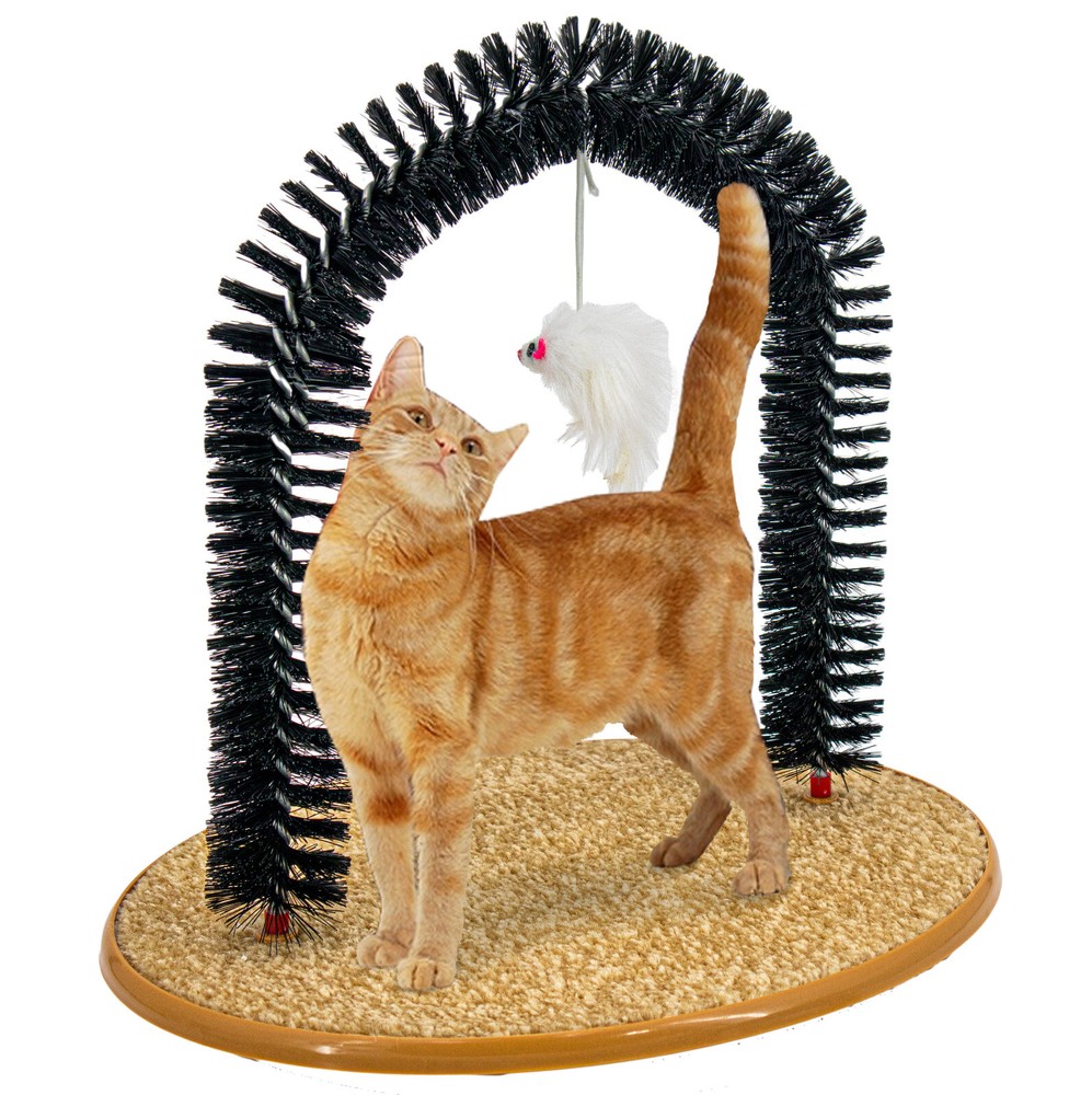 Cat Self Grooming Arch Toy Post w Mouse Toy, Bristle Brush Catnip Scratching Pad