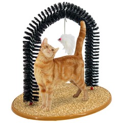 Cat Self Grooming Arch Toy Post w Mouse Toy, Bristle Brush Catnip Scratching Pad