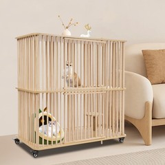 2 Tiers Cat House Wooden Large Cat Villa, Double Door Cat Cage with Wheels