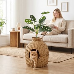 PawHut Hidden Cat Litter Box Enclosure, Decorative Rattan Cat Litter Box
