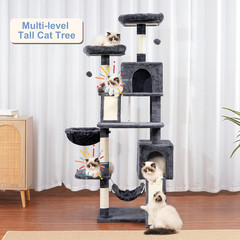 Sturdy 71” Cat Tree Tower with Scratching Boards, Perches & Hammock – Gray