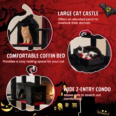 Gothic Cat Tree, 70” Cat Tower w Castle, House, Coffin Bed, Spider Hanging Balls