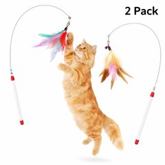 2 Pack Interactive Cat Wand Toy with Feathers & Bell Flexible Teaser Wand for Ca