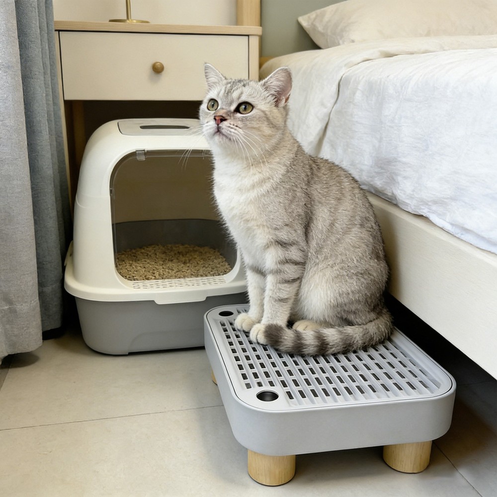 Universal Cat Litter Box Step ABS With Litter Grooves Removable Lid Light Grey