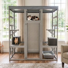 Large Wooden Cat Catio Outdoor Cat House Play & Run Enclosure Cage with Platform