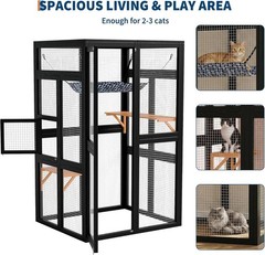 Wooden Outdoor Catio Cat Enclosure with Window Access, 2 Platforms & Hammock