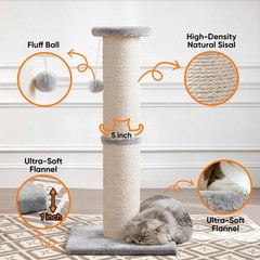 32 Inch Tall Cat Scratching Post Large Sisal Dangling Ball Light Grey