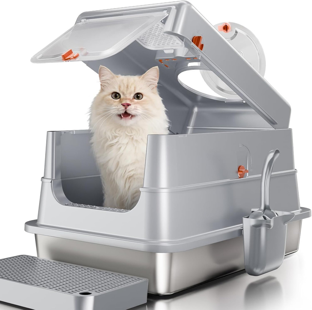 Stainless Steel Cat Litter Box with Lid, Extra Large Enclosed Metal Litter Pan w