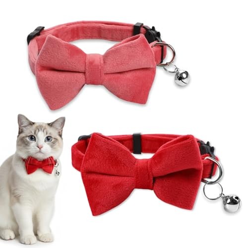 Trinkrittey 2 Pcs Solid Color Velvet Cat Collar with Bell and Removable