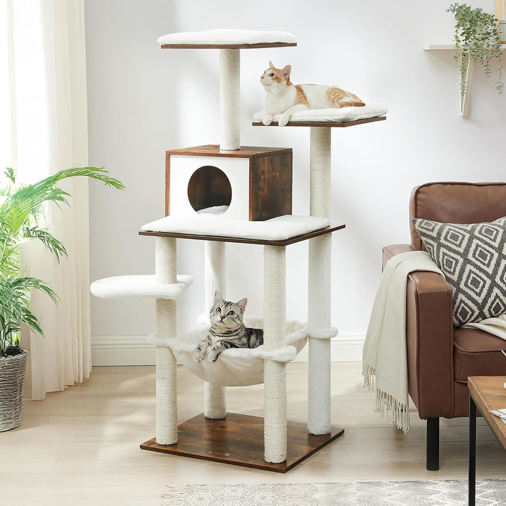 Cat Tree, 56.3-Inch Modern Cat Tower, Multi-Level Plush Condo with Scratching Po