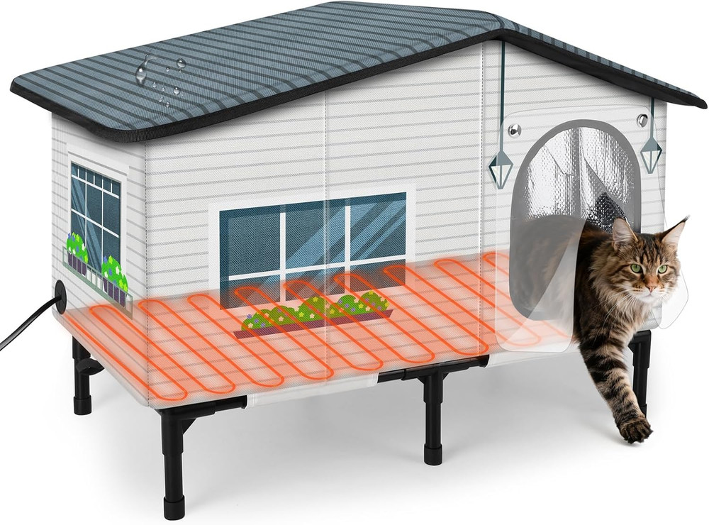 Weatherproof Heated Cat House for Outdoor Cats, Insulated Heating Cat House with
