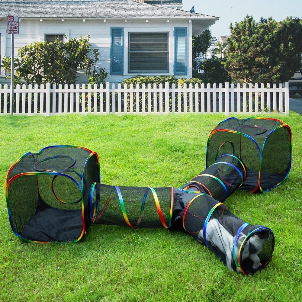 Rainbow Outdoor Cat Playground with Portable Tent & Tunnel for Small Pets