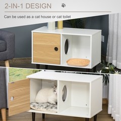 Pine Wood Elevated Cat House with Bed and Large Door for Small Animals, White