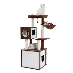 US 59″ Cat Tree House Tower with Cabinet Solid Wood Stable Climbing Tree Medium