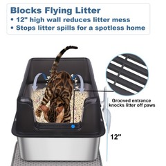 Open Top Cat Litter Box XL Stainless Steel Large Litter Pan with Scoop & Litter