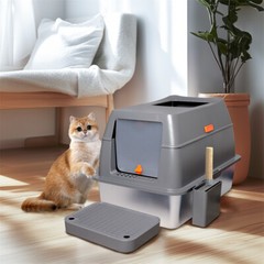 Large Stainless Steel Cat Litter Box Anti-Leakage Easy Cleaning Litter Pan w/Lid