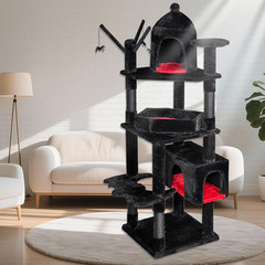 63in Gothic Cat Tree Tower w Coffin Bed Multi Level Condo Black Red