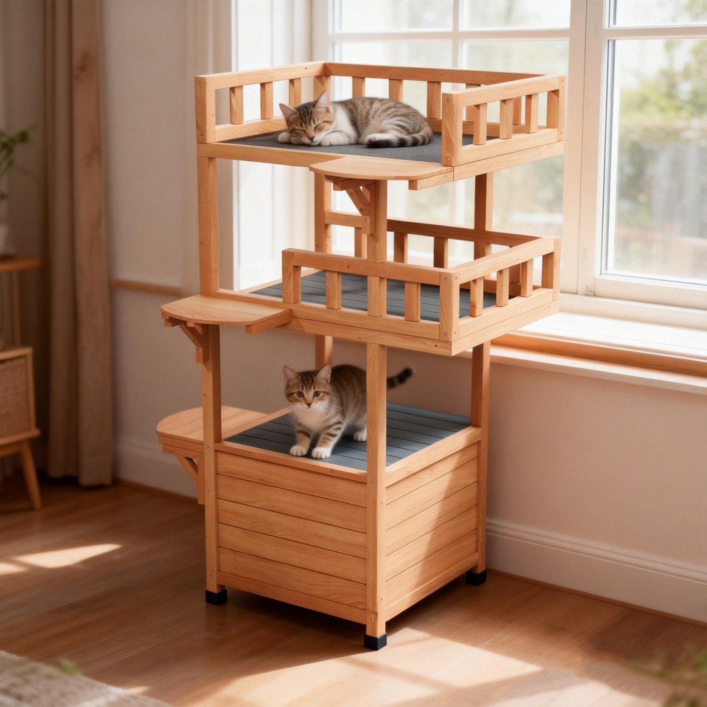 Modern Cat Tree Tower for Large Cats wooden Luxury Cat Condo Wood Feral House