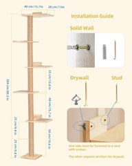 80inch Tall Cat Tree Wall Mount 15.8in Top Perch Bed Large Adult Cats Adjustable