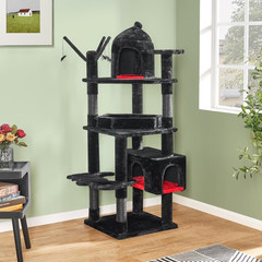 63in Gothic Cat Tree Tower w Coffin Bed Multi Level Condo Black Red