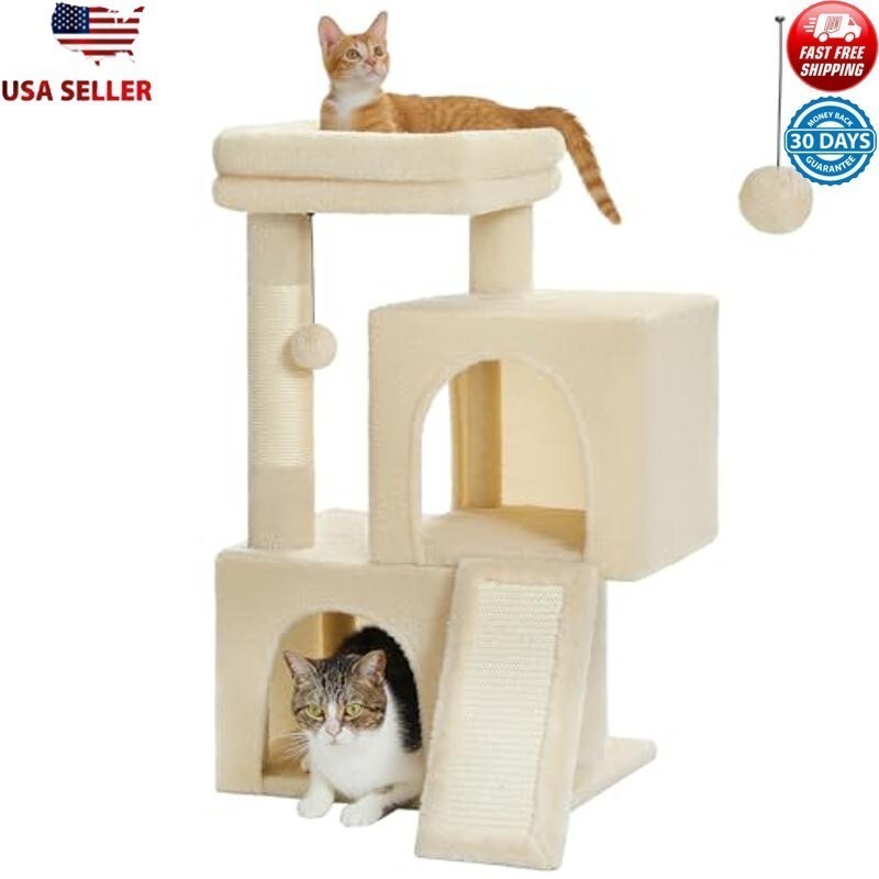 30″ Cat Tower Condos Scratching Posts Ramp Balls Beige Small-Med Indoor Cats New