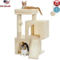 30″ Cat Tower Condos Scratching Posts Ramp Balls Beige Small-Med Indoor Cats New