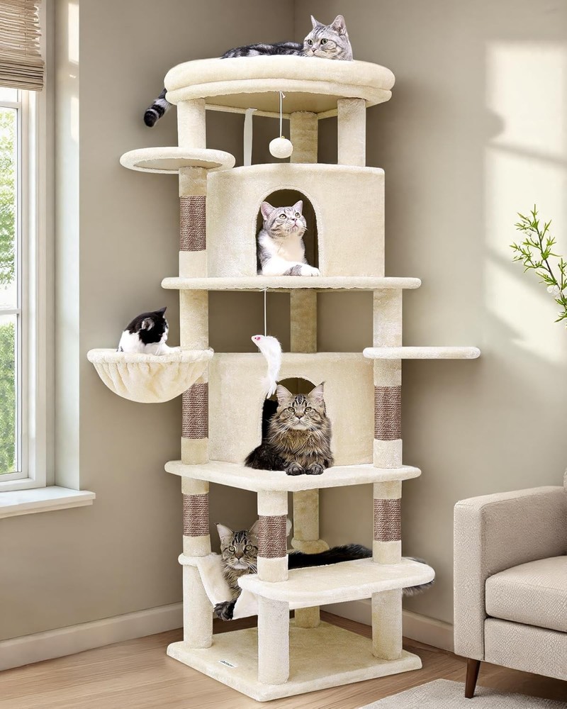 66inch Tall 6 Scratching Posts, 2 Spacious Cat Condos, Hanging Basket,Beige