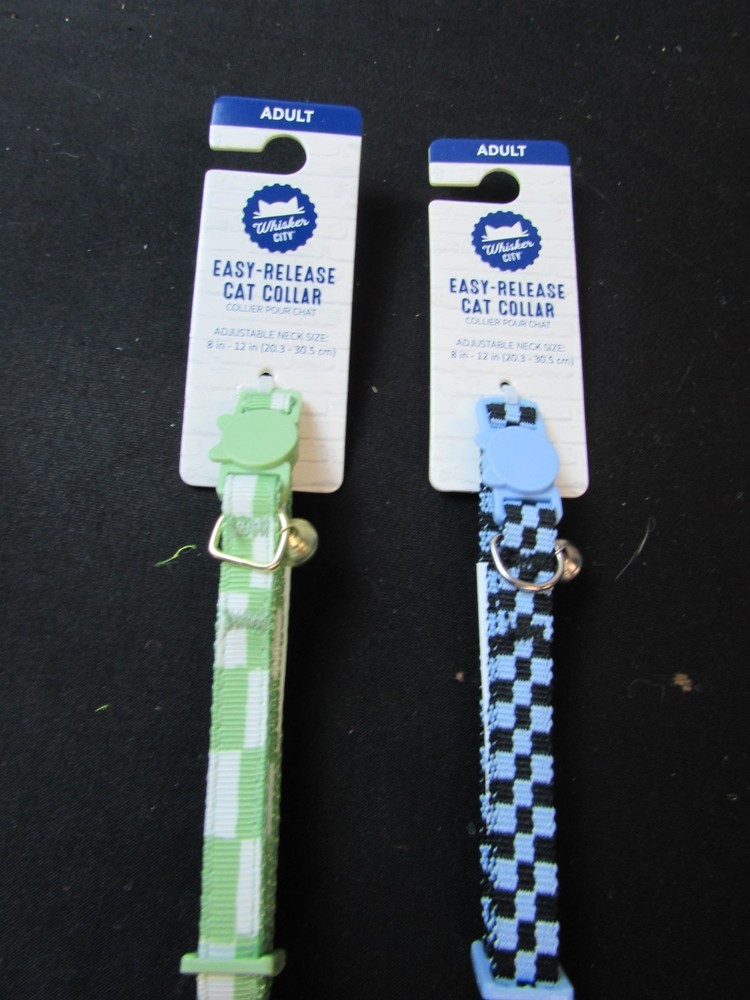 NEW 2 Pc Whisker City Breakaway Blue Green Checkerboard Cat Collar Set 8-12″