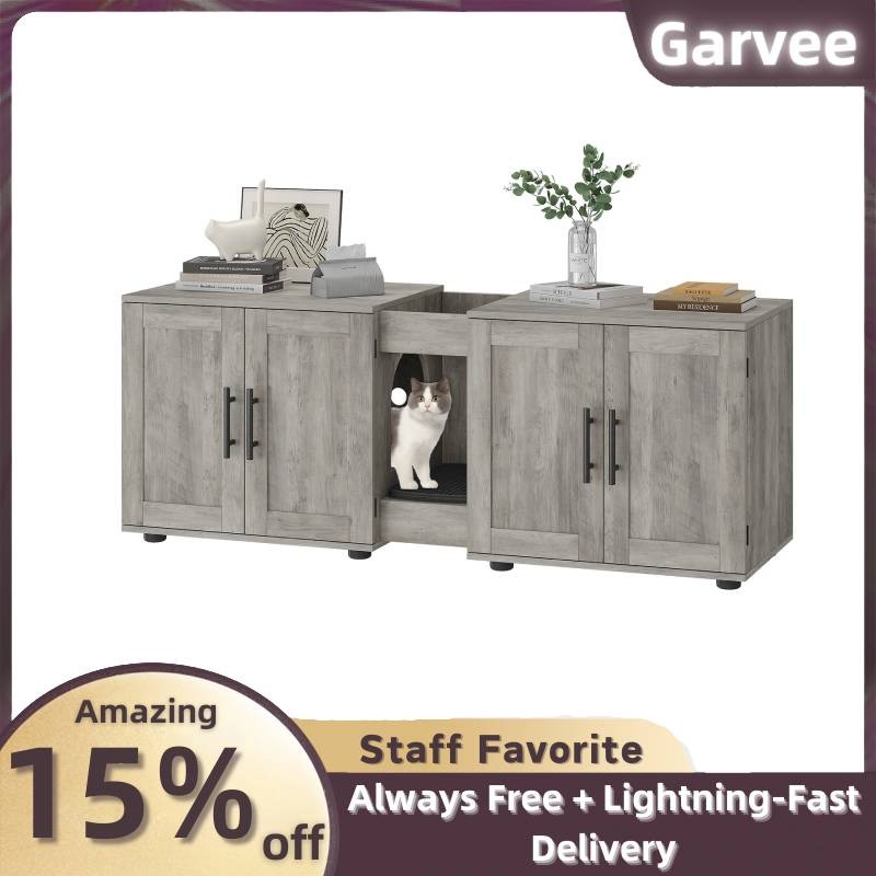Wooden Cat Litter Box Enclosure: Dual Room, Hidden Design, 55”L x 17.7”W x 22.5”