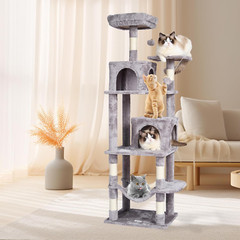 Deluxe 63″ Cat Tree with Condos, Hammock, Scratching Post & Perch – Light Grey