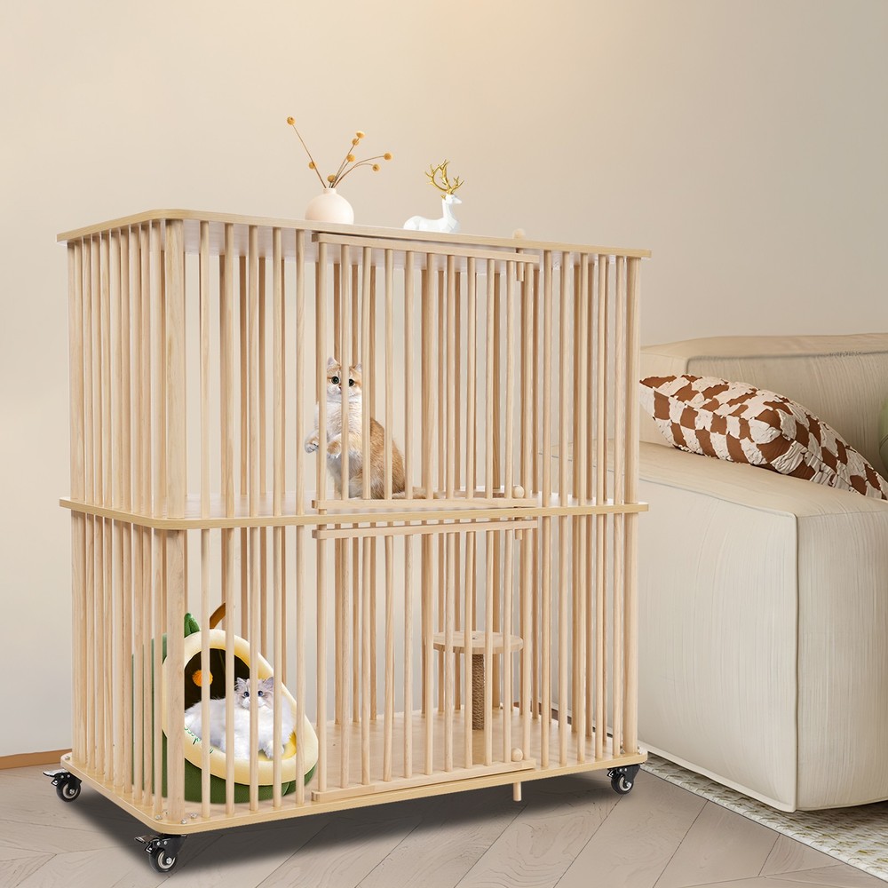 2 Tiers Movable Cat Cage, 112*56*108cm Cat Villa, Wooden Cat House W/ 4* Wheels