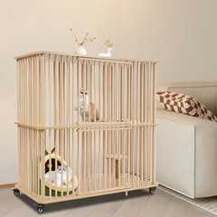2 Tiers Movable Cat Cage, 112*56*108cm Cat Villa, Wooden Cat House W/ 4* Wheels