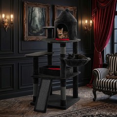 Gothic Cat Tree, 50” Large Cat Tower w/House, Coffin Bed, Spider Hanging Ball