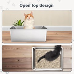 Stainless Steel Cat Litter Box High Sided Open Top Non Stick Odorless Pan