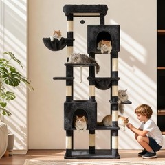 Cat Tree, 76-Inch, 2 Condos & 2 Hammocks, 10 Scratching Posts, Smoky Gray