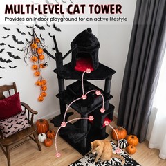 Gothic Cat Tree, 70” Cat Tower w Castle, House, Coffin Bed, Spider Hanging Balls