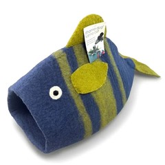 NEW! Dharma Dog Karma Cat 100% Nepal Wool Navy & Green “Fish” House Bed Pet Cave