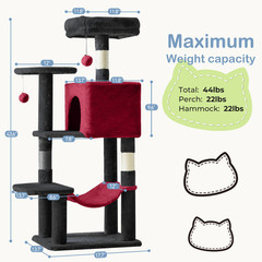 Cat Tree Red And Black Tower Climbing Tower 44″ Hammock Sisal Scratching Post