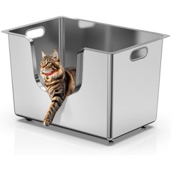 13.8″ Stainless Steel Cat Litter Box XL High Sides Metal Kitty Pan w/ Wheels