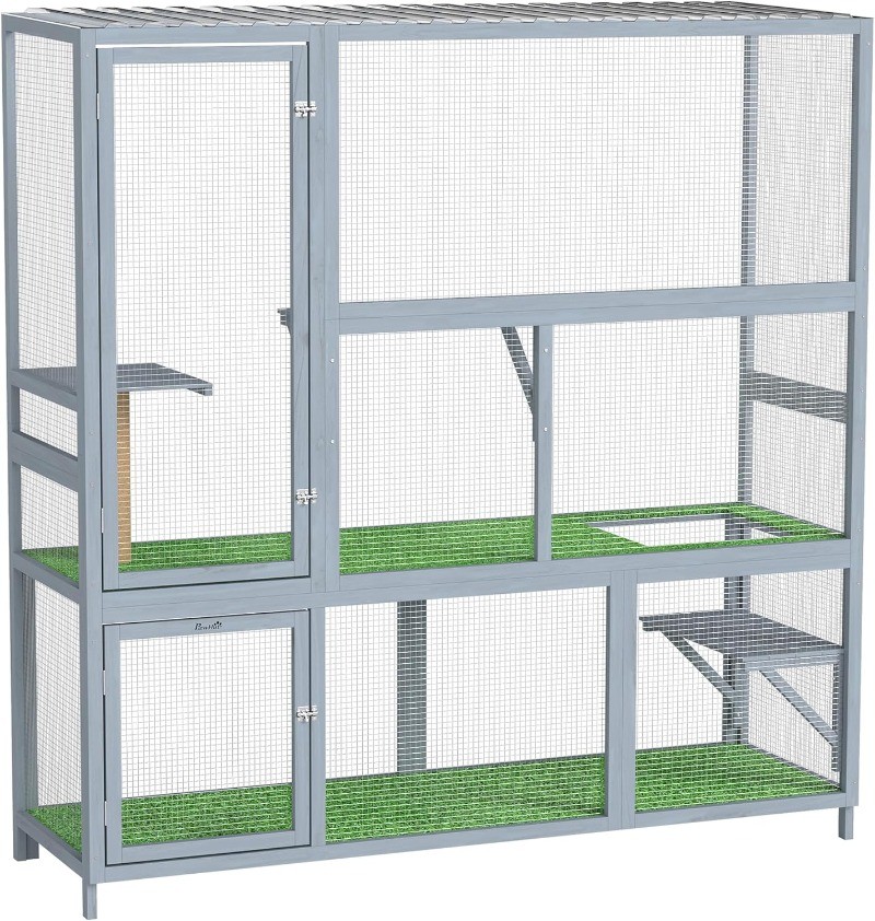 Catio Outdoor Cat Enclosure 77″ H Wooden Cat House with Weatherproof Roof