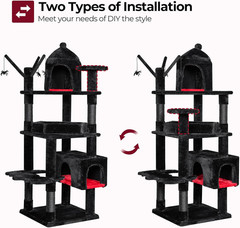 63in Gothic Cat Tree Tower w Coffin Bed Multi Level Condo Black Red