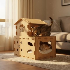 25 Inch Two Level Cardboard Cat Scratcher House, 2-in-1 Solid color