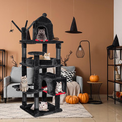 63in Gothic Cat Tree Tower w Coffin Bed Multi Level Condo Black Red